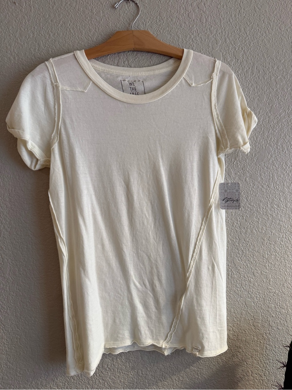 We The Free Cream Raw-Edged Short Sleeve Crew Tee by Free People